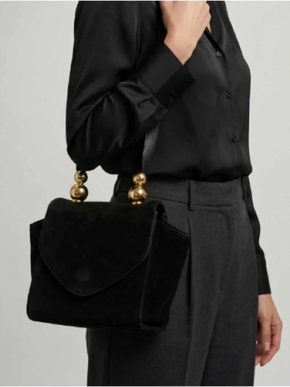 Stuart Weizmann Black Suede Crossbody Bag with Gold Accent Beads